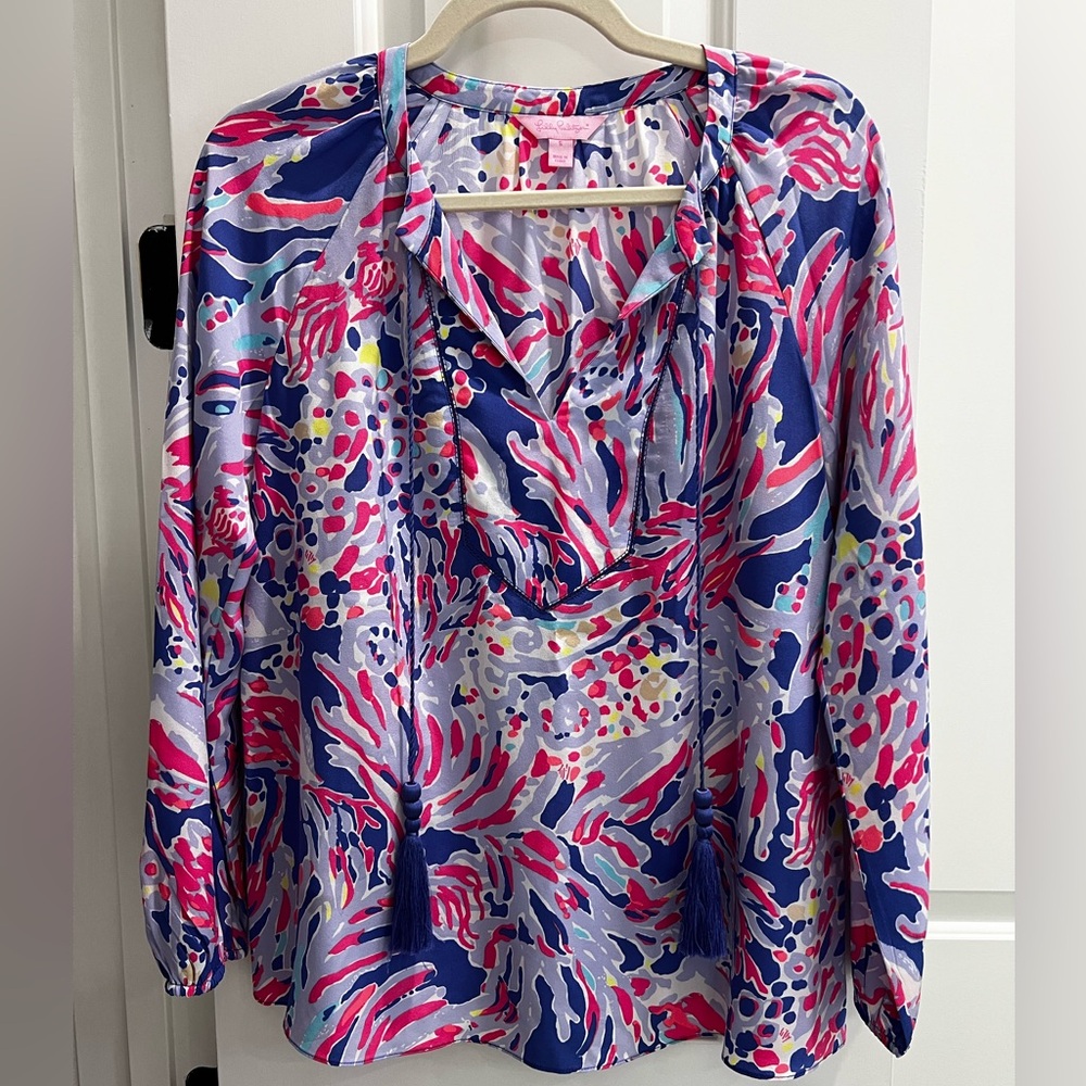 Lilly Pulitzer Saria Silk Top Pink Blue Shrimply Chic Size Small